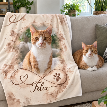 Kuscheldecke mit Foto der eigenen Katze über dem Sofa, daneben die Katze