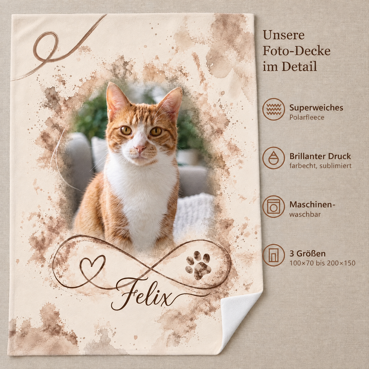 Fotodecke mit Katzenmotiv im Detail: weiches Polarfleece, brillanter Druck, maschinenwaschbar, 3 Größen