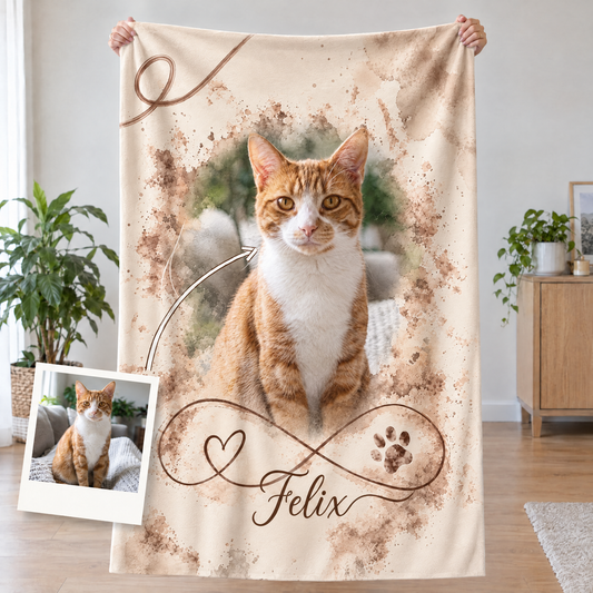 Personalisierte Decke mit Katzenfoto und Namen, gehalten, mit Polaroid des Originalfotos