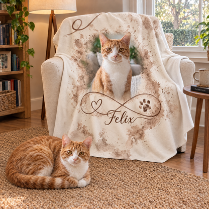 Decke mit Katzenfoto und Namen auf dem Sessel in der Leseecke, Geschenk für Katzenliebhaber