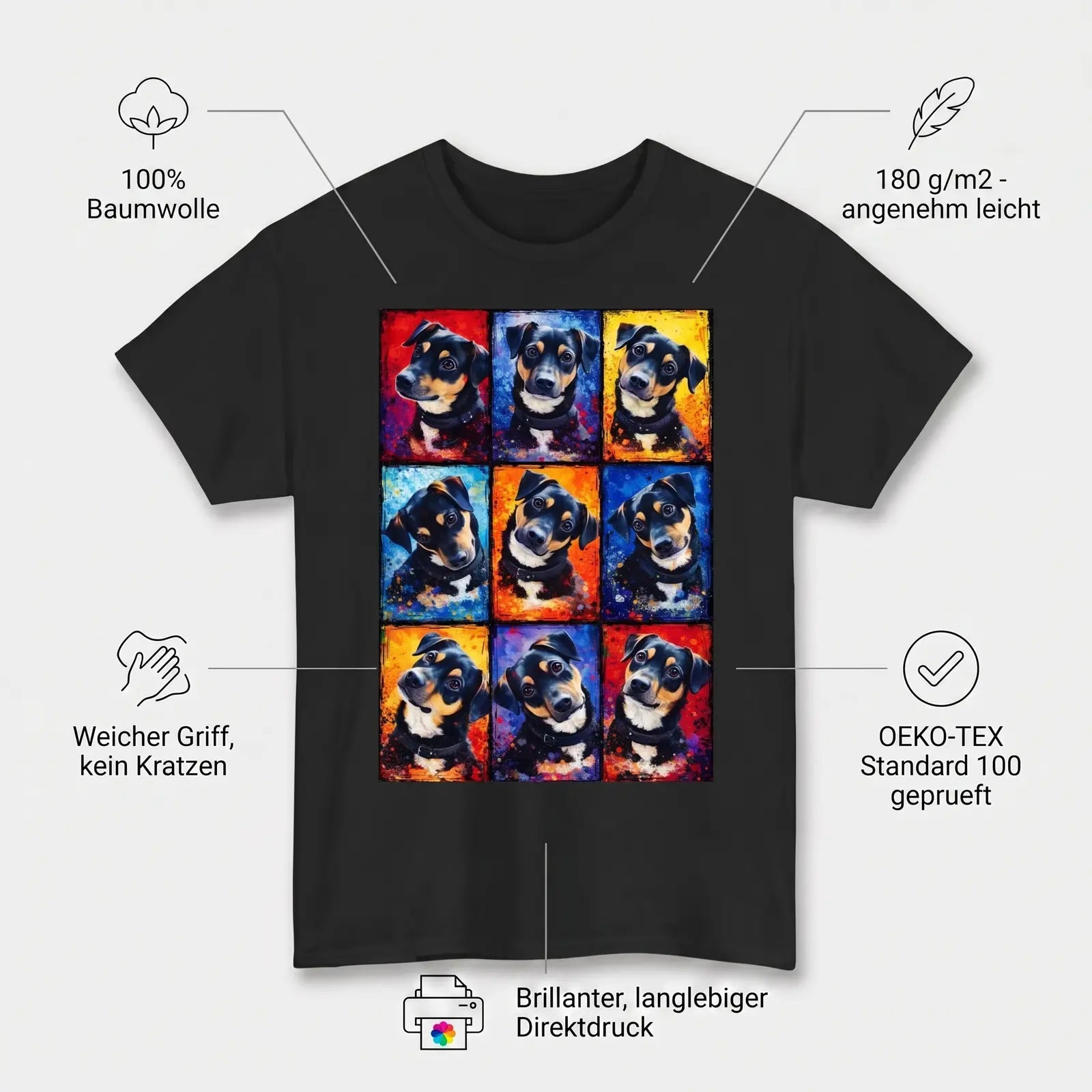 Infographie sur la matière et la qualité du t-shirt portrait animalier