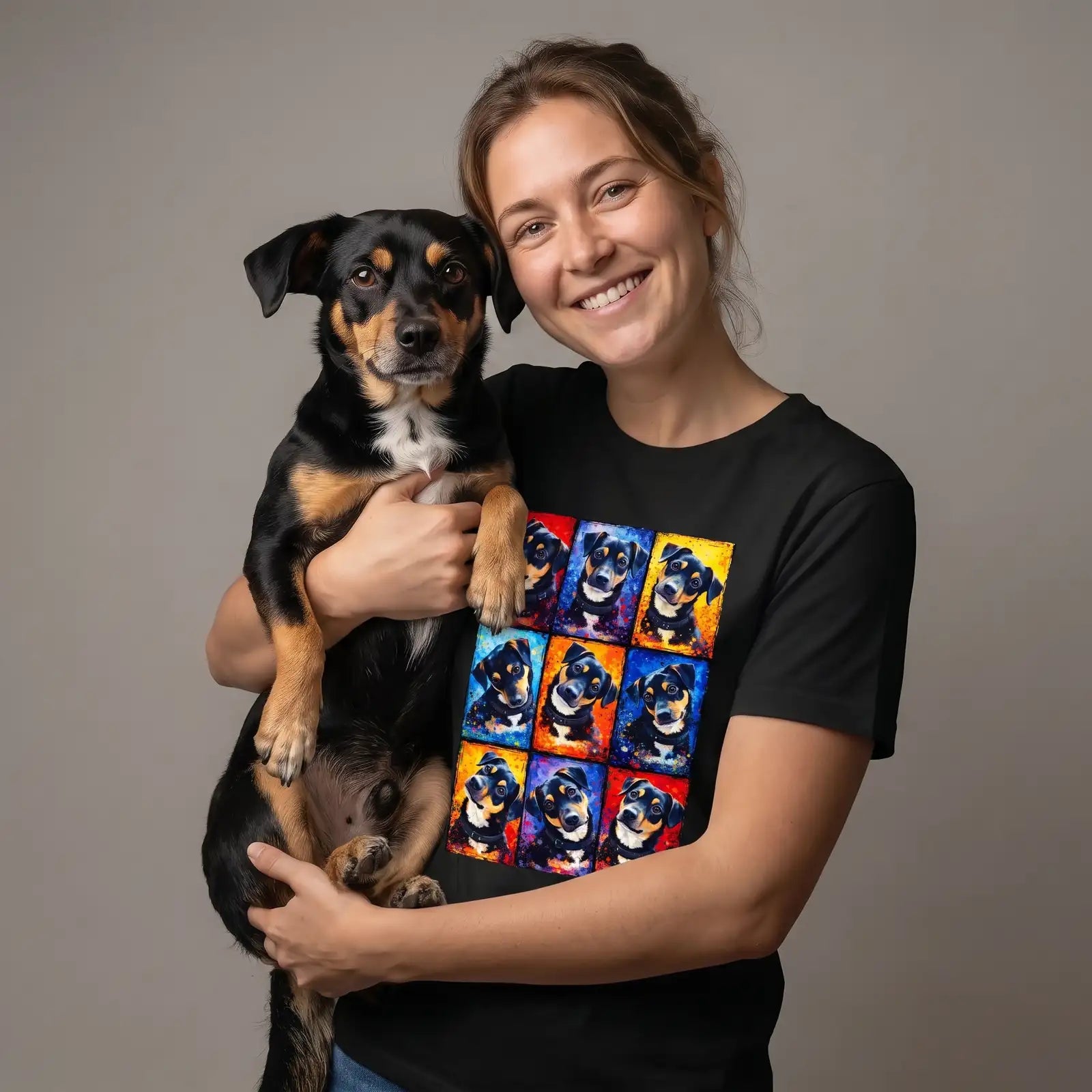 Femme avec son chien portant un t-shirt noir personnalisé, portrait animalier style splash