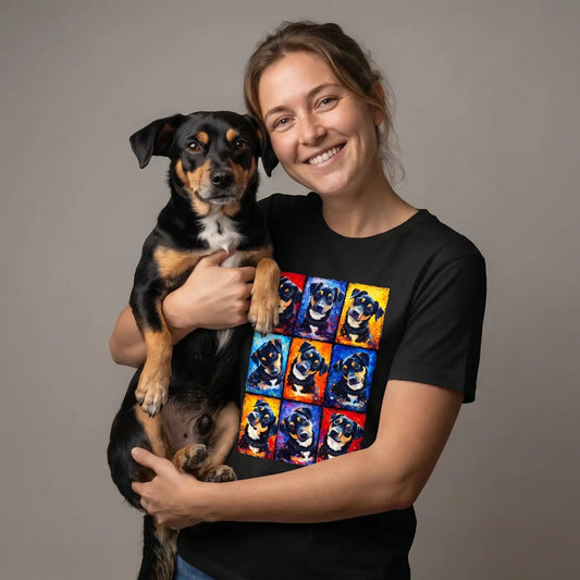 Frau traegt personalisiertes T-Shirt buntes Tierportrait Splash-Stil schwarz mit ihrem Hund