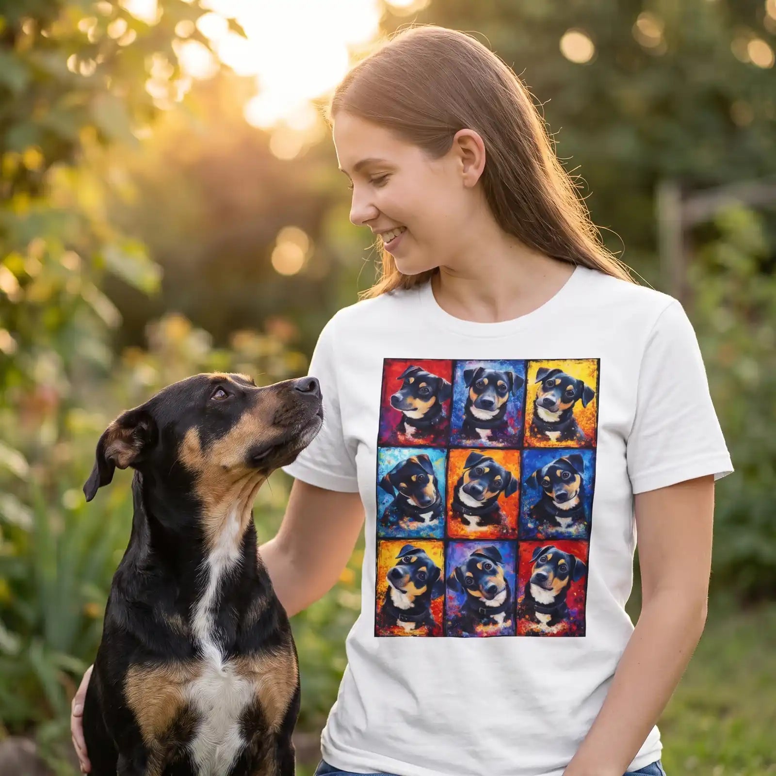 Femme avec son chien portant un t-shirt blanc personnalisé, portrait animalier style splash